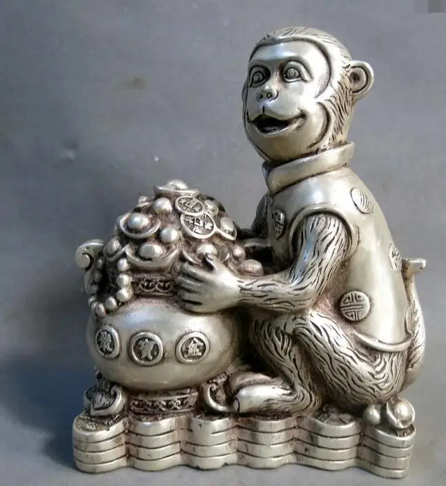 

China silver carved fine luck treasure bowl money sculpture monkey statue