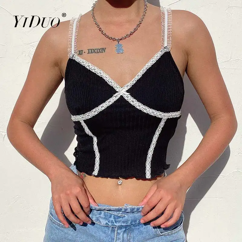 

YiDuo Lace Edge Cute Women Crop Top V Neck Sexy Party Club Slim Cropped Feminino Camisole Tees Summer Streetwear Black Tank Tops