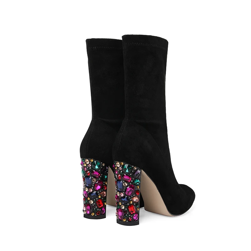 

EPHER Gem Encrusted Boots Rhinestone Block Heel Boots Pointed Toe Black Suede Boots with Crystal Embellishments