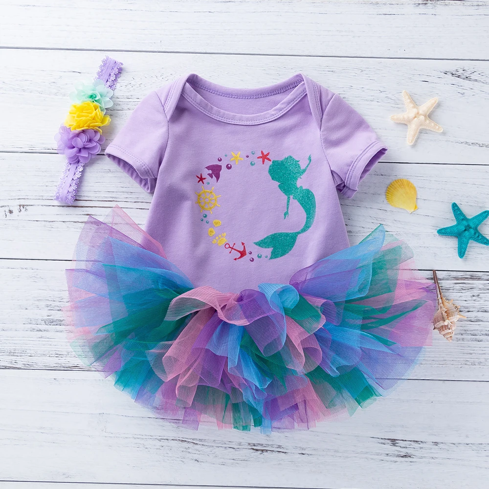 Mermaid Purple 3Pcs Clothing Sets Toddler Tutu Skirt Cute Baby Outfits Infant Girls Dress Newborn Romper Girl Clothes | Детская одежда