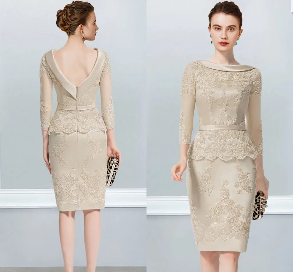 

Champagne Column Mother of the Bride Dress Elegant Jewel Backless Knee Length Lace Satin Evening Party Gown Robe De Soriee
