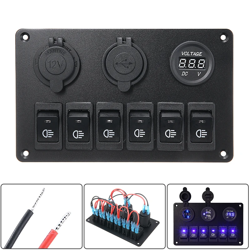 

1 шт. долговечная 12 В 6-кнопочная Автомобильная Морская Лодка Светодиодная панель переключателя цепи многофункциональные Двойные USB-переключатели зарядного устройства