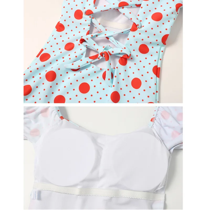 

Red Dot One Piece Swimsuit Women 2021 New Laced Bandage Swimwear Monokini Female Lady Swim Bodysuit Korea Bathing Suit for Girls