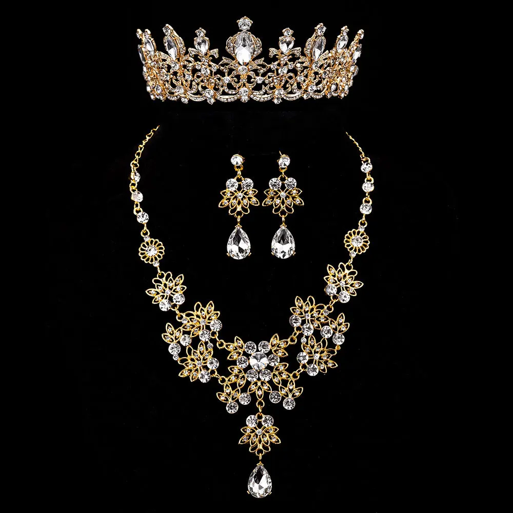 3PCS Set Gold KMVEXO 3 шт великолепные наборы свадебных ювелирных изделий из кристаллов ожерелья со стразами серьги Корона тиары африканские бусины комплект ювелирных изделий «Дубай» - Окраска металла: 3PCS Set Gold