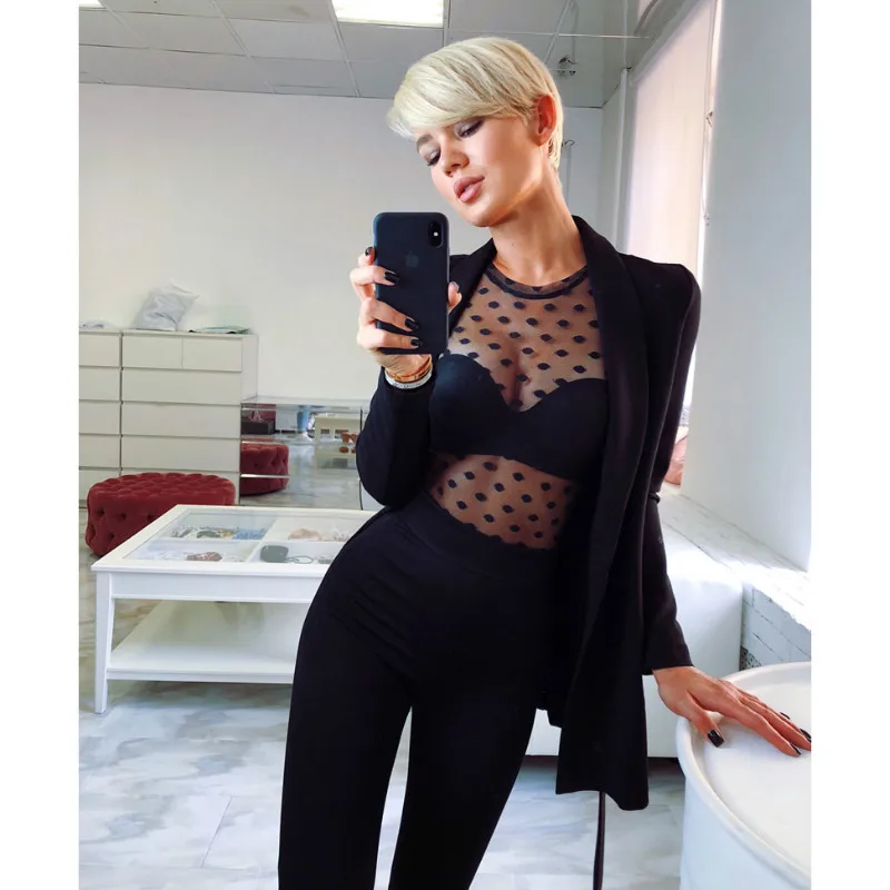 Летний сексуальный женский прозрачный сетчатый короткий топ в горошек с длинным