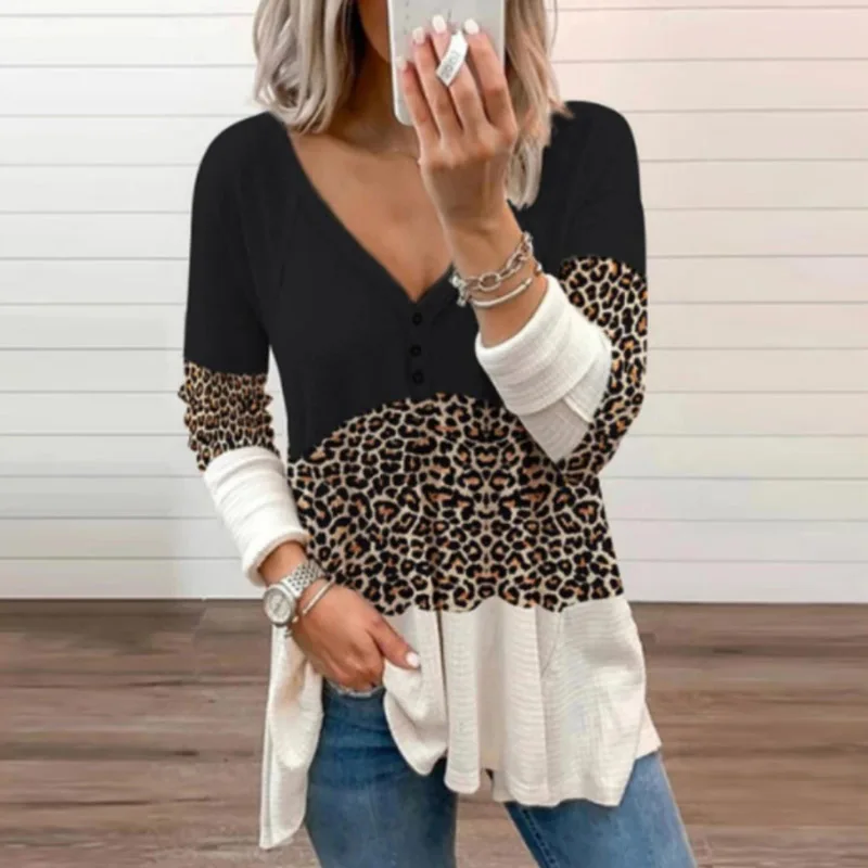 

Sexy V Neck Button Spring Blouses Shirts Fashion Leopard Print Patchwork Pullover Tops Casual Plus Size Long Sleeve Shirt Blusas