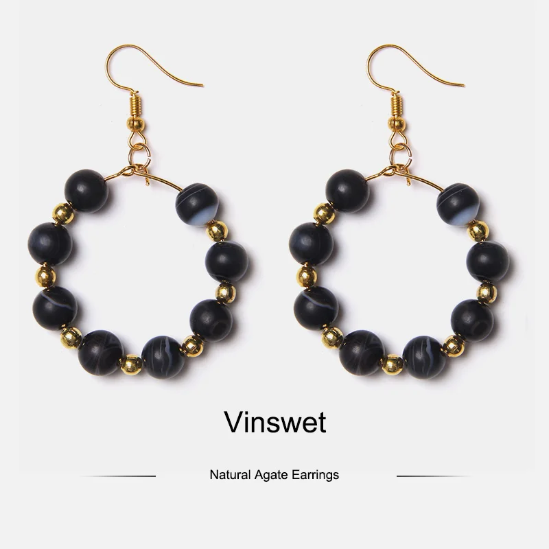 Женские большие круглые серьги-подвески с бусинами из натурального камня Агаты