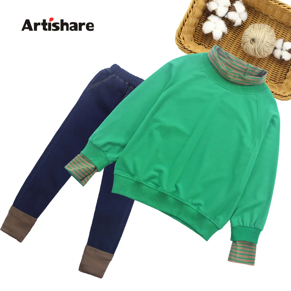 Girls Sport Clothes Set Striped Sleeve Sweatshirt + Pants 2PCS For Kids Girl Autumn Winter | Детская одежда и обувь