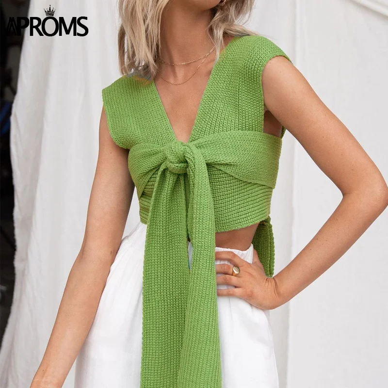 

Aproms Candy Color Knitted Vest Women 2021 Autumn Fashion Criss Cross Sweater Black Casual White Jumper Top Female Pullovers