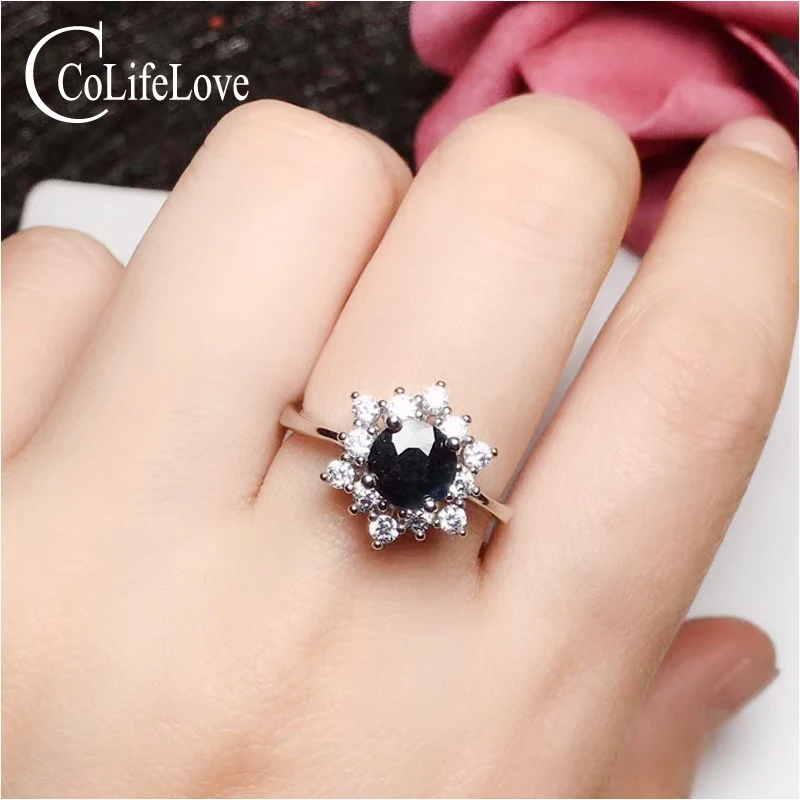 Ювелирные изделия CoLife натуральный кольцо с черным сапфиром 5 мм серебряное 925