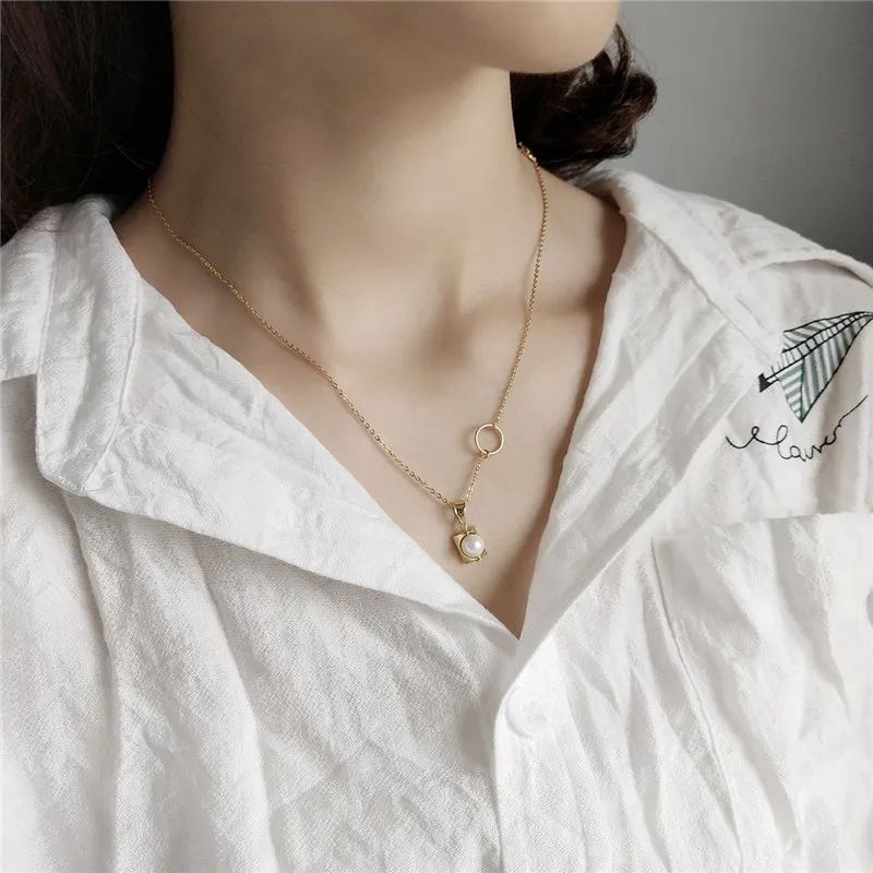 

RUIYI European American Design Real 925 Sterling Silver Necklace Women Chic Cone Shape Pearl Pendant Short Necklace Fine Chokers