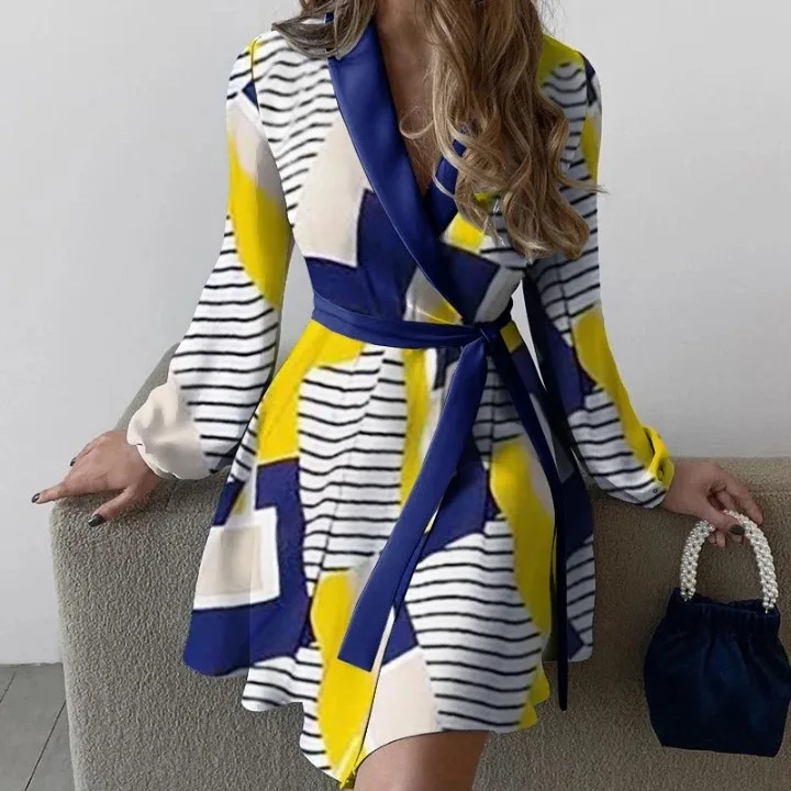 

WEPBEL Print Slim Fit Dress Summer Fashion Lace Up Dress Women's Casual Long Sleeve High Waist V-neck Dress