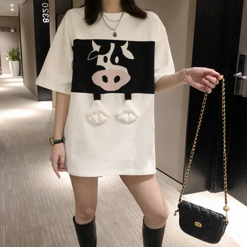 

2021 Oversized Cows Print Color Patchwork Women Summer Short Sleeve T-shirt Casual Loose Kawaii Korean Camisetas De Mujer JK1107