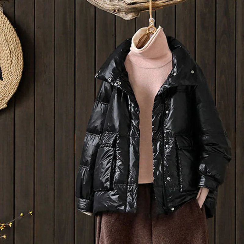 Пуховик женский на белом утином пуху с высоким воротником свободный Осень-зима