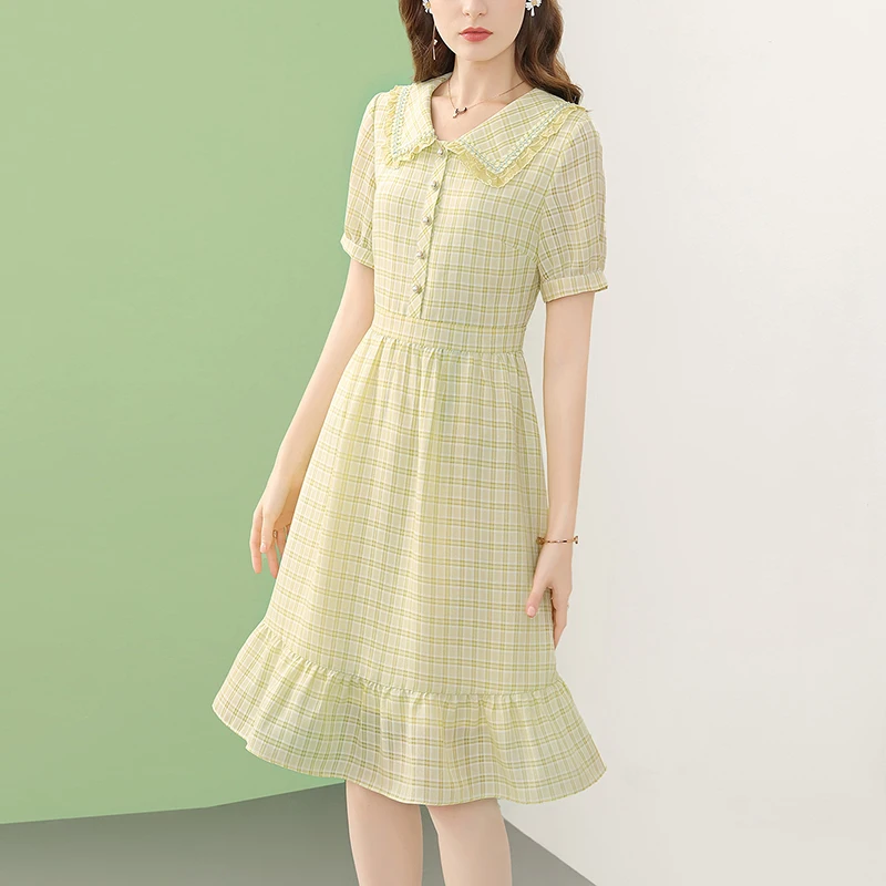 

Only Plus Women French Peter Pan Collar Plaid Dresses Summer Button Sweet Dress Short Sleeve High Waist Elegant A-line Dresses