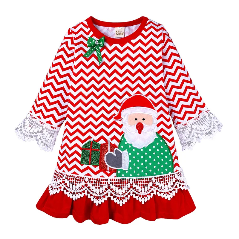 

Dress Girls Christmas Cartoon Embroidery Stripe Long Sleeve Lace Autumn Winter Kids Baby Princess Party Clothes