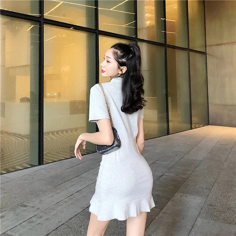

Women Party Dress Draw String Ruffle Solid Color Fashion Korean Dress Show Waist Turn-down Collar Preppy Style Summer Dress