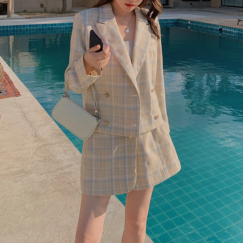 

FORYUNSHES 2021 Fashion 2 Piece Set Women Vintage Plaid Blazer Jacket Harajuku Suit Short Coat High Waist Mini Skirt Sets