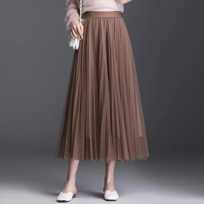 

Sherhure 2020 Spring Mesh Skirts High Waist Elegant Pure Color Long Faldas Jupe Femme Women A-Line Skirt Saia