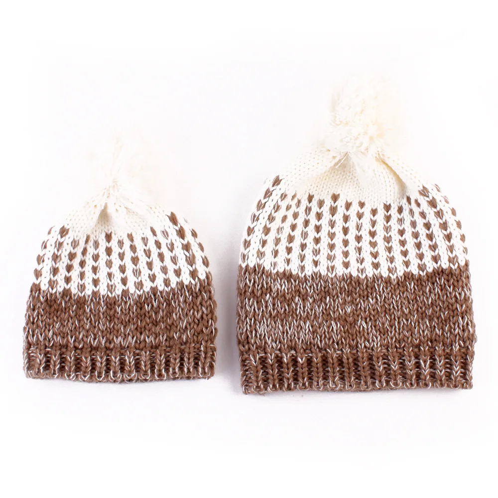 

2PCS Mom and Baby Warm Winter Cute Crochet Knit Hat Beanie Cap Pompom Bobble Hats For Children Girl Boy Kids Soft Caps