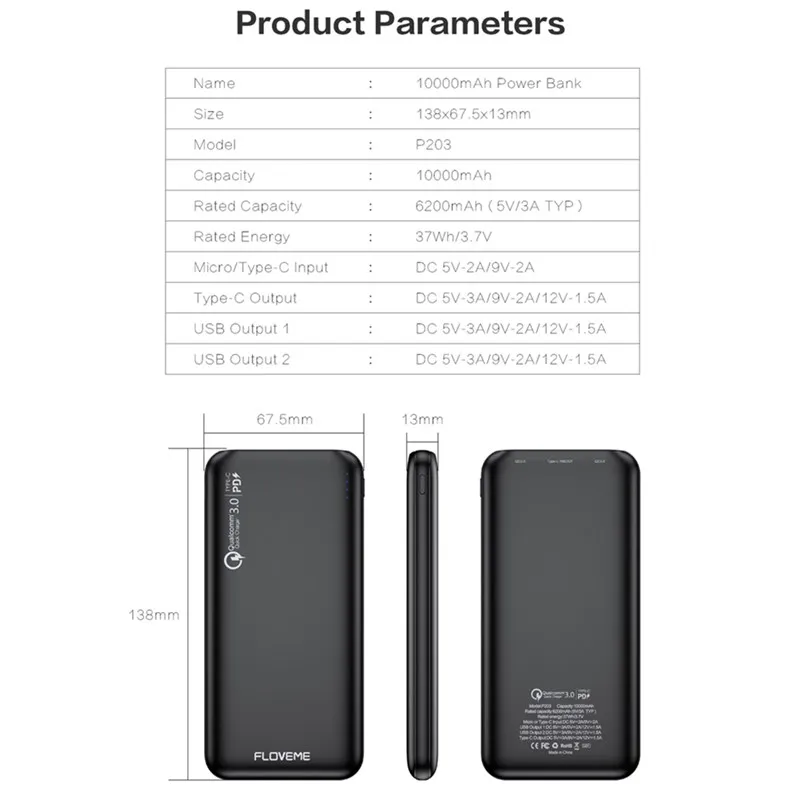 Портативное зарядное устройство FLOVEME PD 10000 мАч для iphone 11 pro max Xiaomi 9 mi быстрая