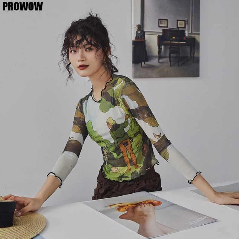 

2020 Summer Designer Top Ladies Clothing Vintage Mesh Crop Long Sleeve Top Print Disco Dancing Bodycon Tshirt Woman One-Piece