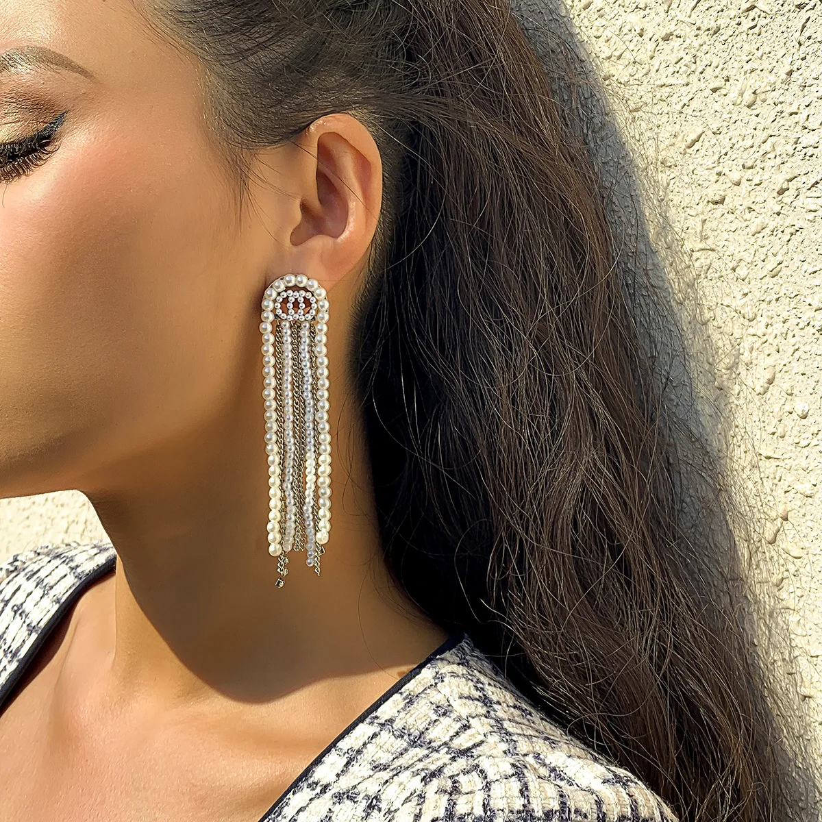

Long Dangle Earrings for Women Bridal Fashion Full Crystal Simulated Pearl Tassel Drop Earring Vintage Statement Brincos Jewelry