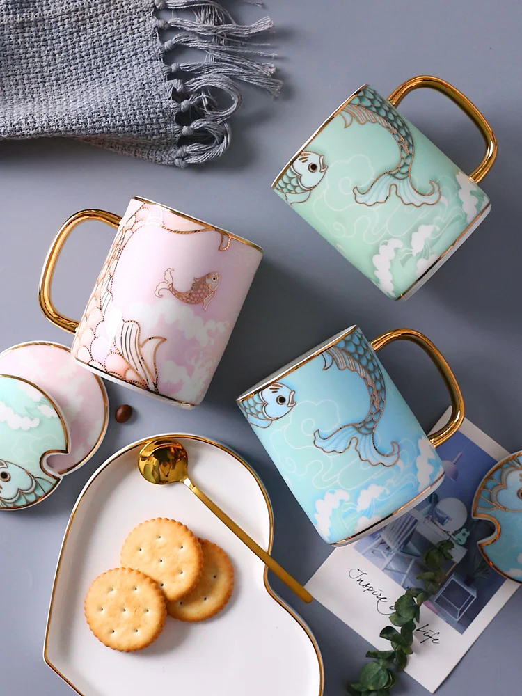 

Nordic Coffee Mug Creative Personalized Ceramic Unique Golden Printing Hanlde Cup Kubek Do Kawy Drinkware With Lid Spoon EC50BZ