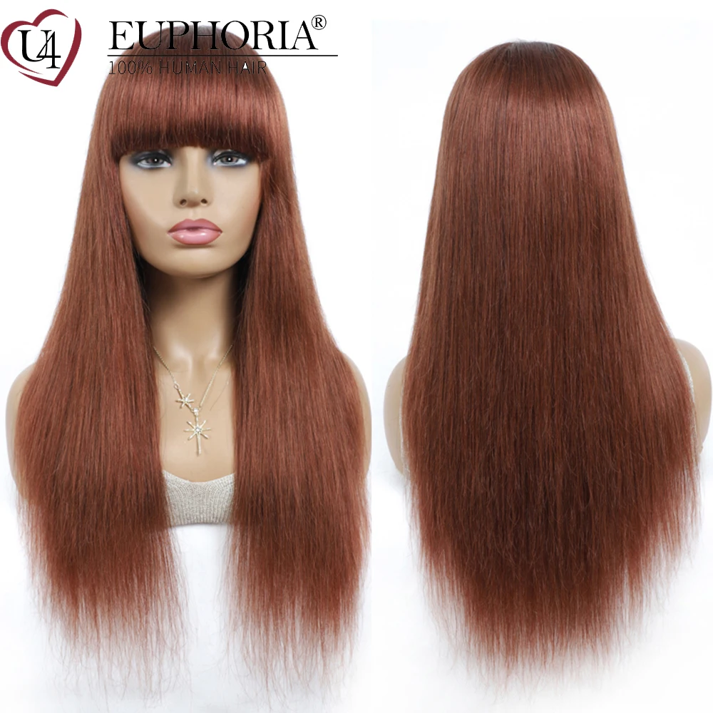 

Brazilian Remy Human Hair Full Machine Brown Wigs With Bangs Honey Blonde 27 Straight Long Wigs Red 99J Bob Hair Wigs EUPHORIA