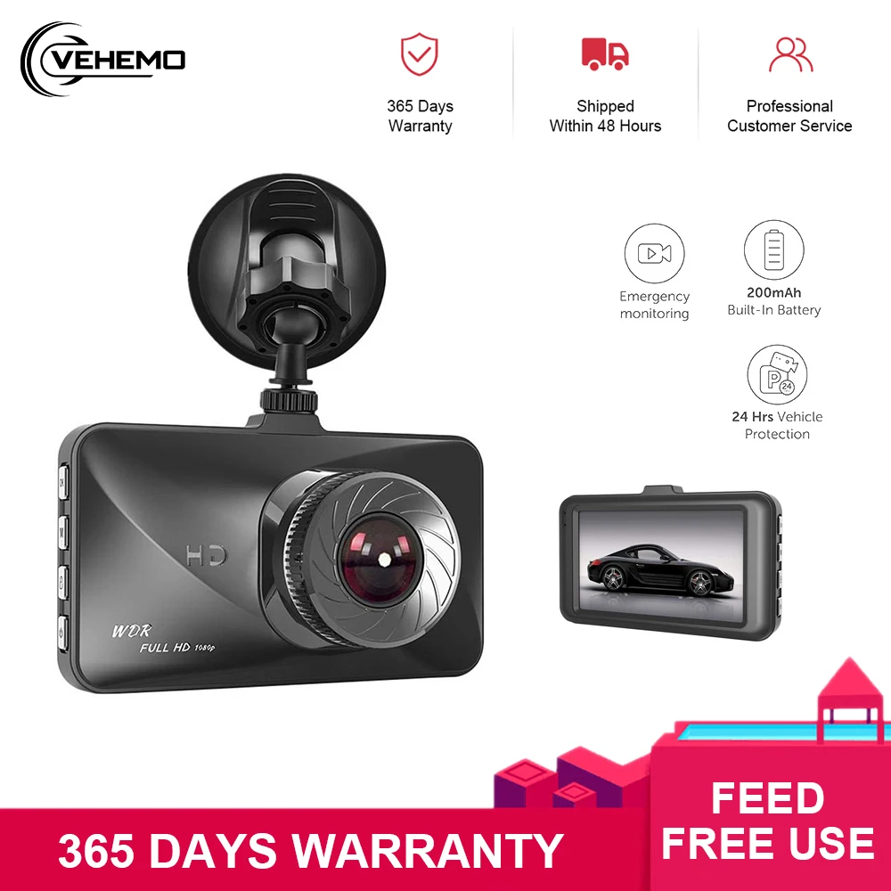VEHEMO 1080P Mini 3 дюймов Видеорегистраторы для автомобилей Камера 140 градусов вращение
