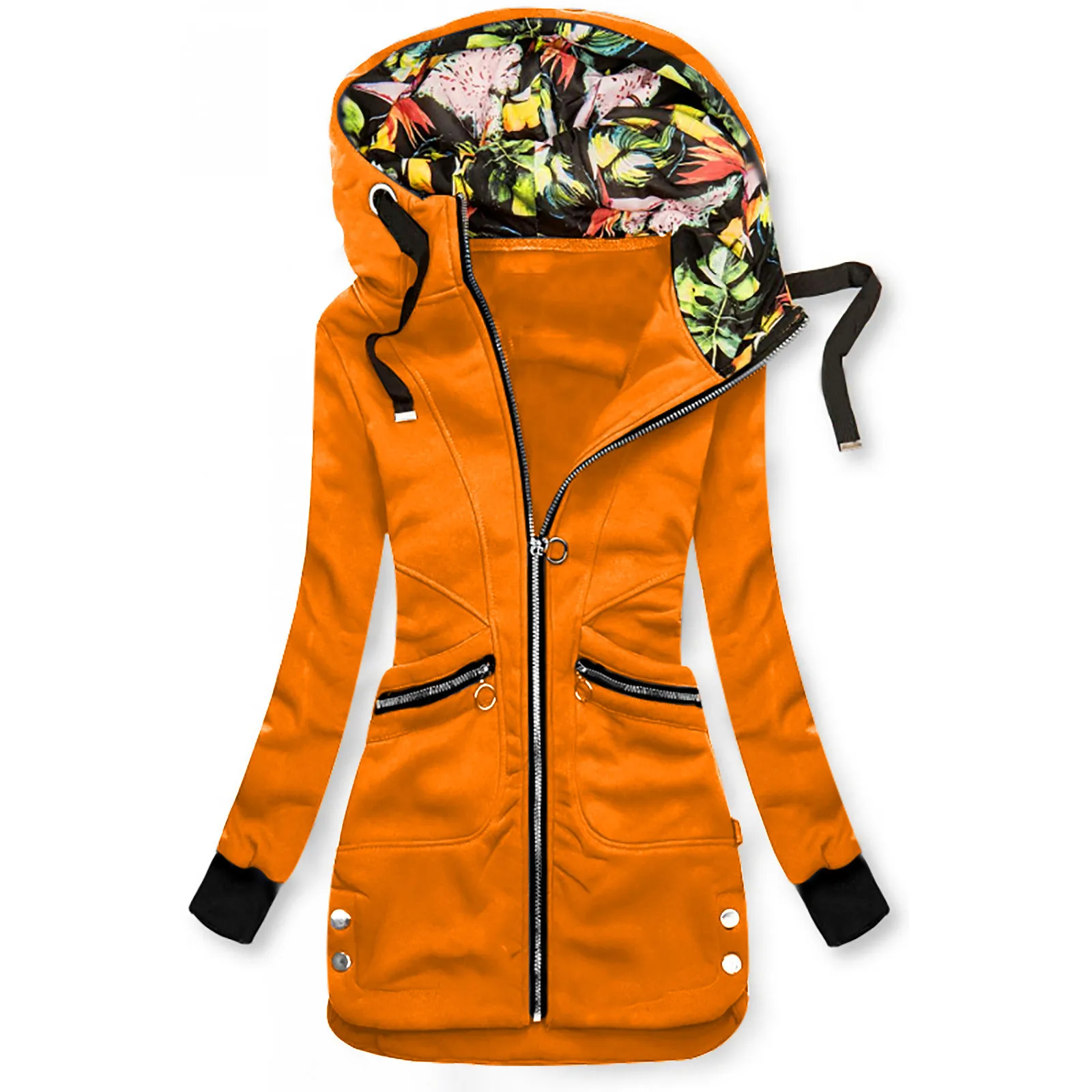 値段 女性暖かいコート花柄パーカージッパーポケットスウェットシャツジャケットオーバーコートロングアウター女性パーカープラスサイズJ60