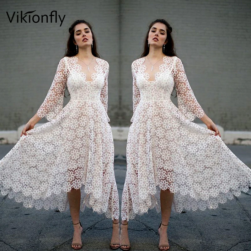 

Vikionfly 3/4 Sleeve Beach Dress 2019 Women Summer Sexy V Neck Lace Up Swimwear Bikini Cover Up Swimming Tunic saida de praia