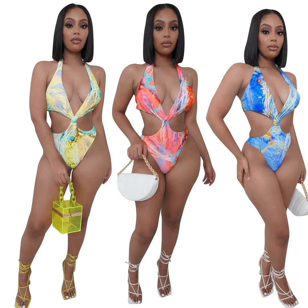 

2021 summer new fashion sexy tie-dye one-piece swimsuit bathing suit women