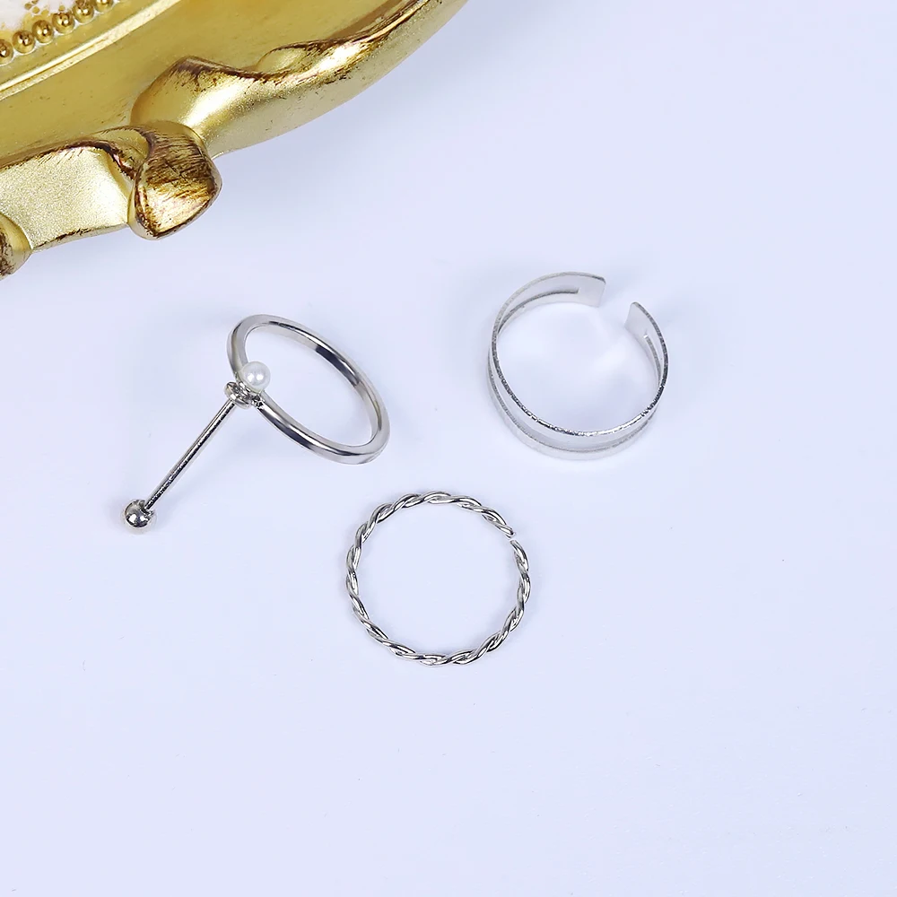 

3PCS Korea Ins with The Same Wild Hollow Pearl Joint Ring Combination Japan and South Korea Minimalist Style Wild Female Ring