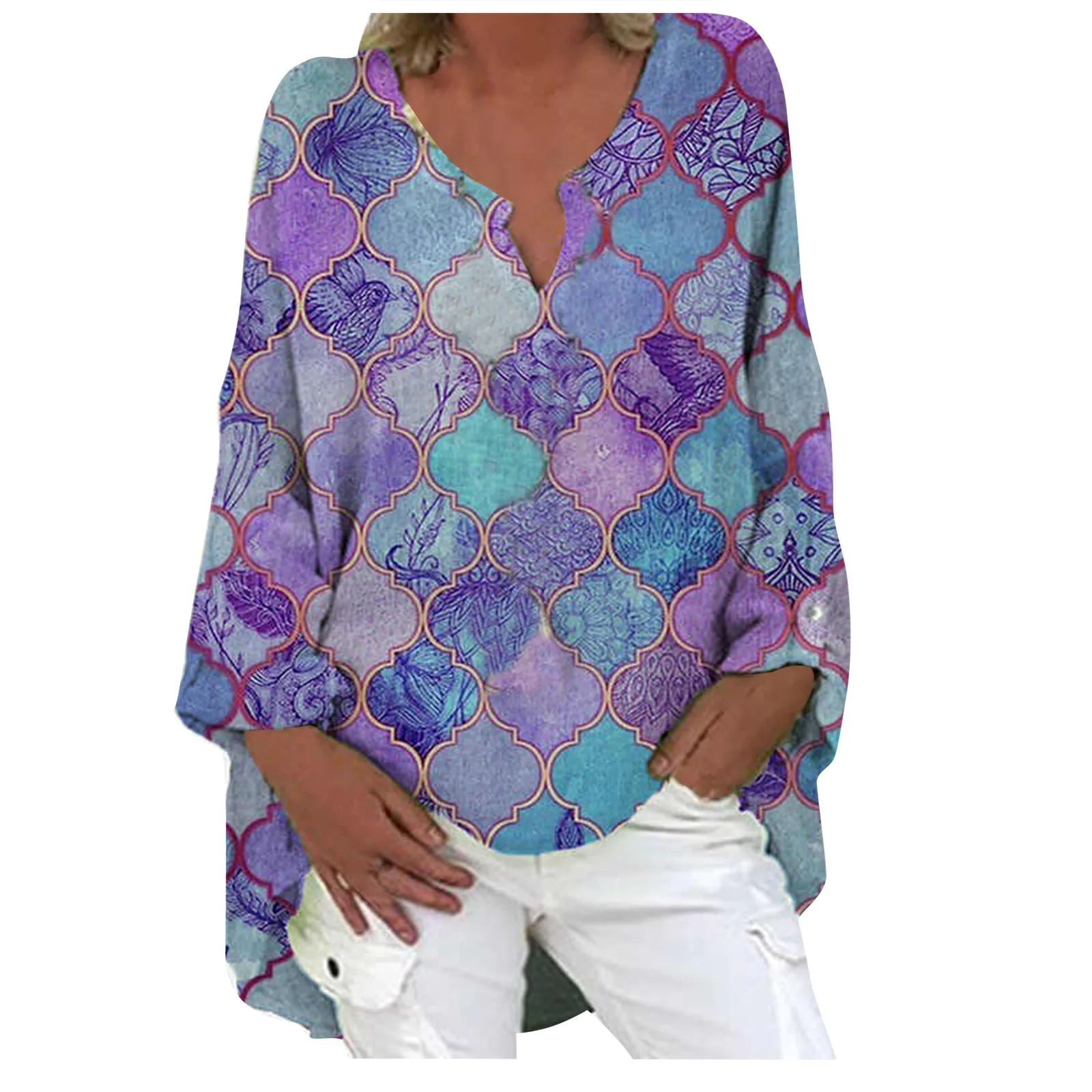 

Plus Size Women Long Sleeve Floral Print Loose V-neck Shirt Tops Blouse Women 2021 Blusas Mujer De Moda Women's Clothing Shirts