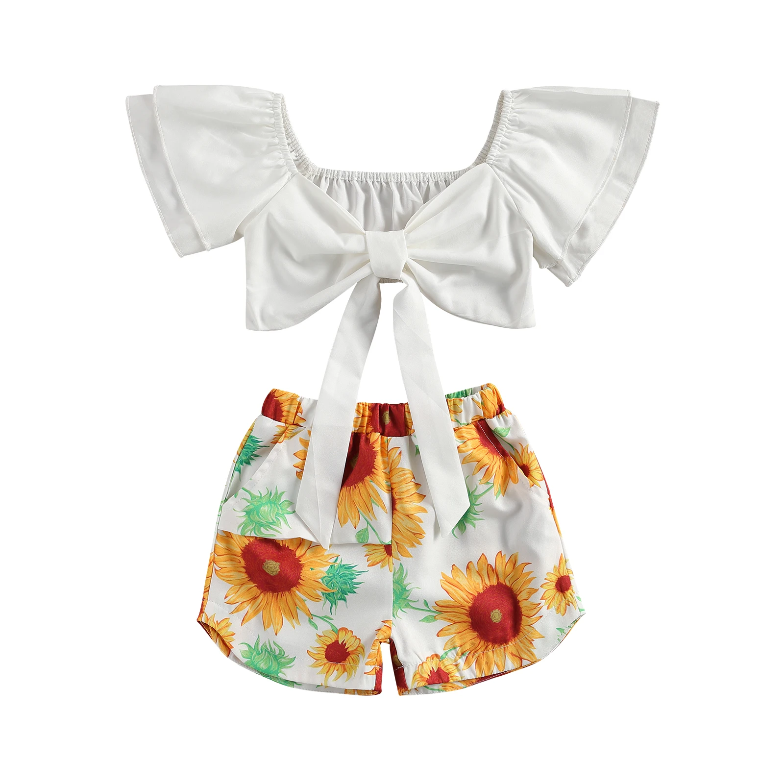 

Комплект одежды для девочек 2021, Детские укороченные топы с бантом и шорты с принтом подсолнухов, 1 шт., костюм для праздника на день рождения