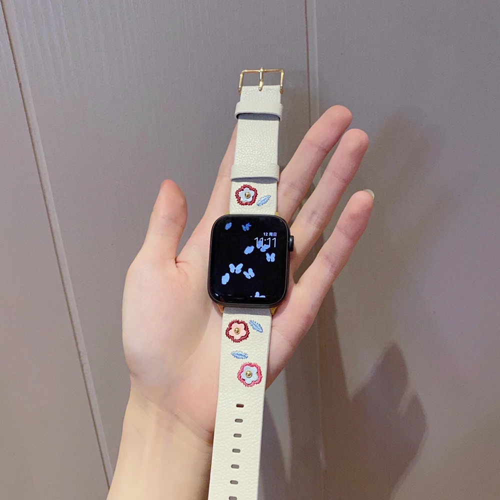 

Ремешок кожаный Свежий для Apple Watch Band 38 мм 42 мм 40 мм 44 мм, Цветочный браслет для iwatch 4 3 2 1, series 5 6 se