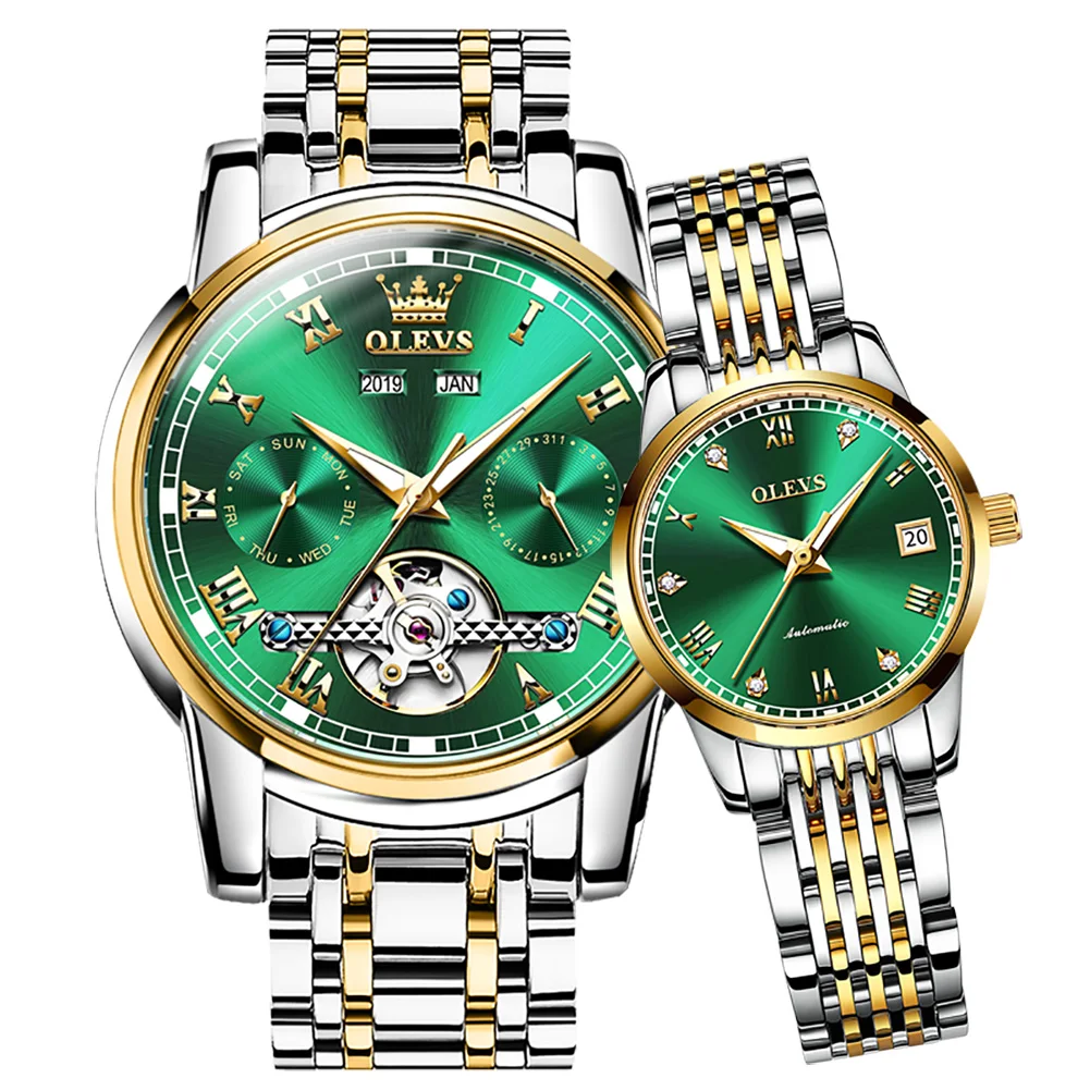 OLEVS 2021 New Luxury Fashion Automatic Mechanical Watch Stainless Steel Wristwatch for Man and Woman Love Couple Watches