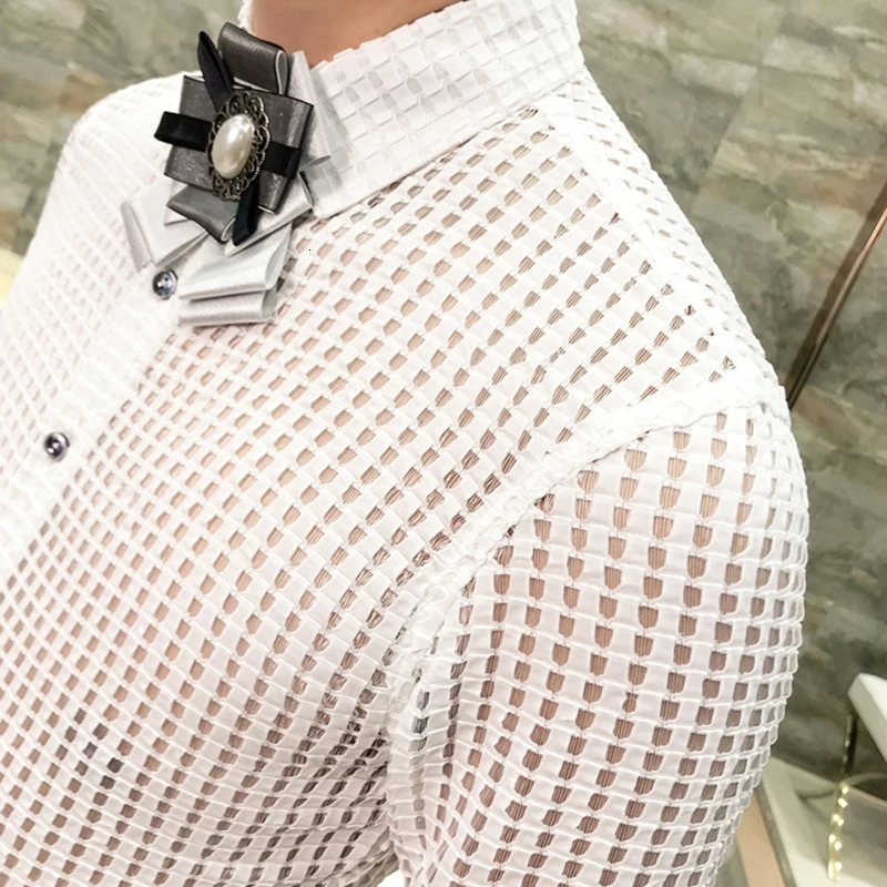 2019 рубашки в клетку Для мужчин Прозрачные s Прозрачная с длинным рукавом блузка