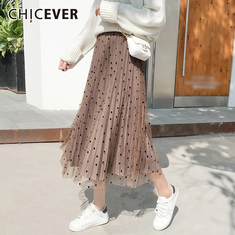 

CHICEVER Polka Dot Mesh Skirts For Women Elastic Waist Wear On Both Sides Corduroy Pleated Skirt Korean Fashion Clothes New