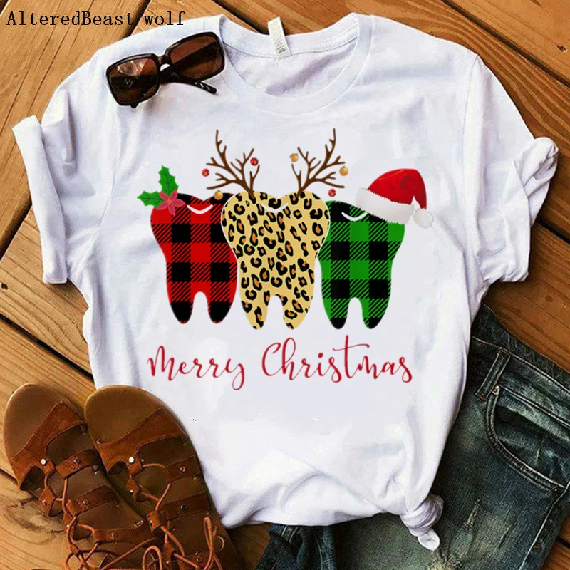 

Dental Squad T Shirt Women Harajuku Leopard Print Short Sleeve T-shirt Merry Christmas Letter Tshirt Fashion Plaid Tops Female