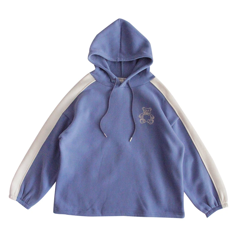 

Autumn Winter Thicken Hooded Teen Girl Korean Loose Harajuku INS Bear Print Splicing Hoodies Women Pullover Student Outer Tops