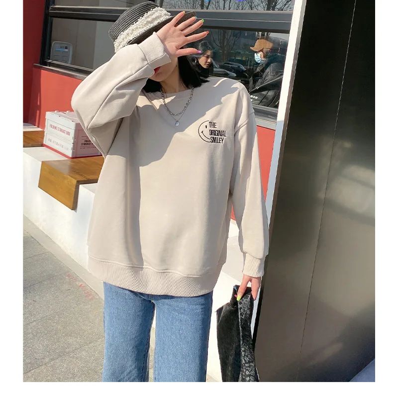 

Women's Loose Casual Terry Sweatshirt Coat Large Size Crew Neck Simple Plain Cotton Embroidery Basic Pullovers