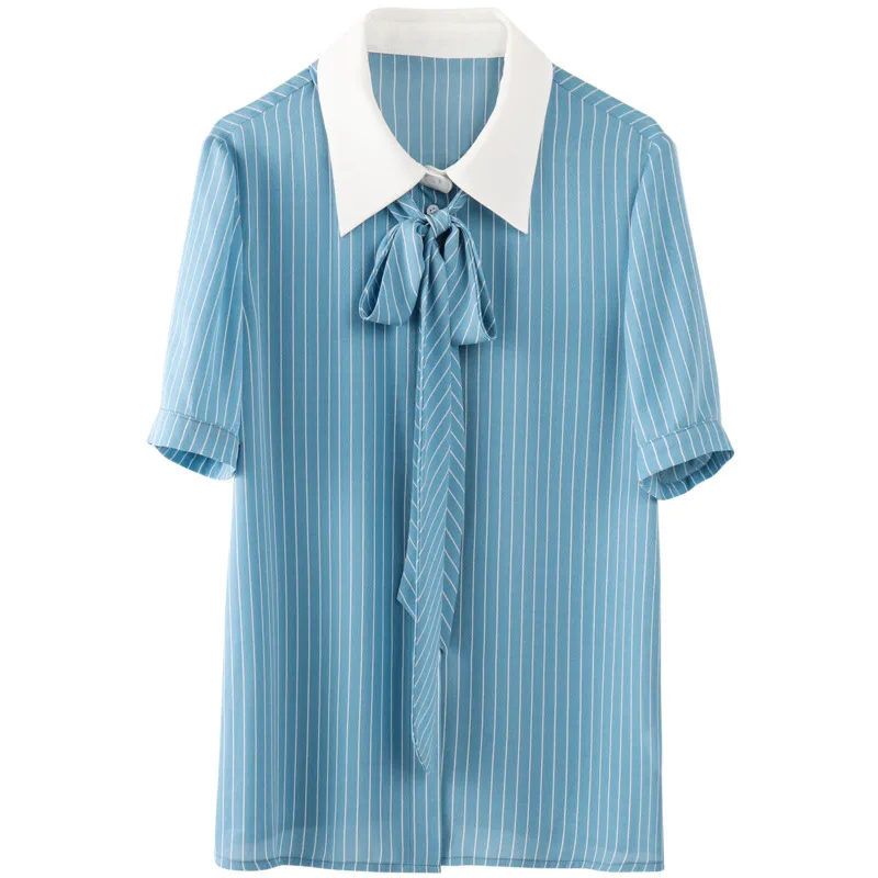 

2021 Summer New Korean Women's Thin Lapel Bowknot Fashion All-match Striped Short Sleeve Chiffon Shirt Women