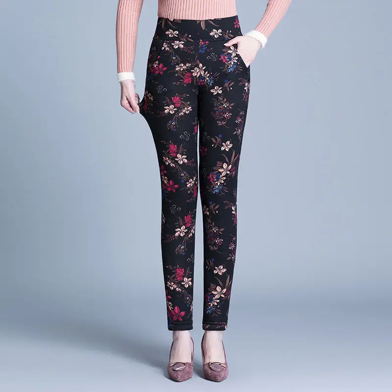 

Women 2022 Winter New Middle-aged Velvet Pants Female Casual Print Leggings Ladies High Waist Stretch Skinny Trousers P783