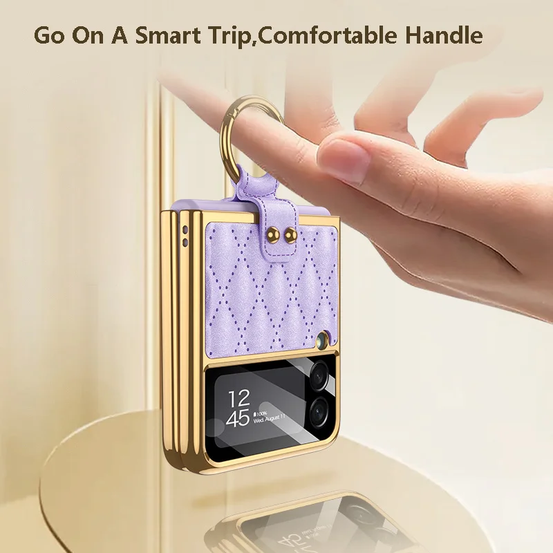 Ring Holder Case For Samsung Galaxy Z Flip 3 5G Cover Protective Film Plain Leather Case With Bracket Stand For Samsung Flip3