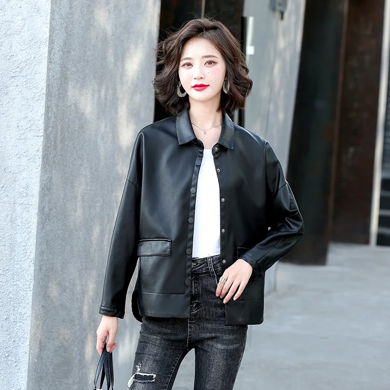 

2021 осеннее кожаное пальто Haining, Женская Короткая Повседневная Свободная куртка большого размера в стиле накидки, модное кожаное пальто