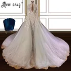 Иллюзия Кружева Свадебные платья с расширенным съемным подолом, одежда с длинным рукавом Русалка Бисер Свадебные платья с жемчужинами Vestidos De Novia
