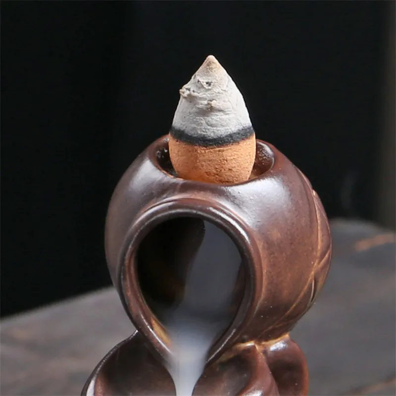 Ceramic Retro Backflow Incense Burner Smoke Waterfall Stick Holder Hand Carved Gourd Censer Home Decor + 20pcs Cones | Дом и сад