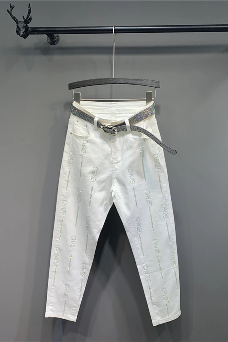 

Straight Jeans Pant Streetwear Loose Beading Female High-Waist DM001